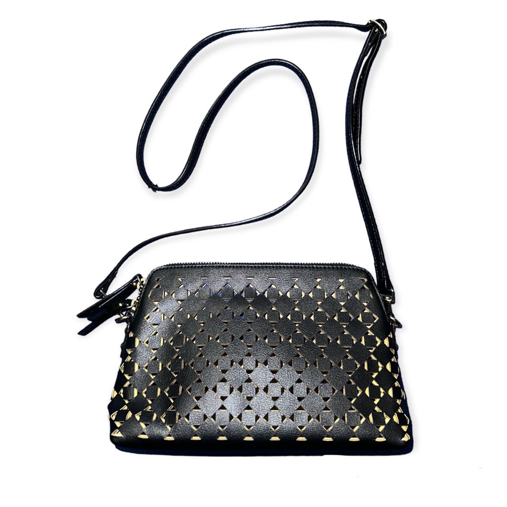 Ann Taylor Black leather Cut out crossbody bag w/gold hardware adjustable strap